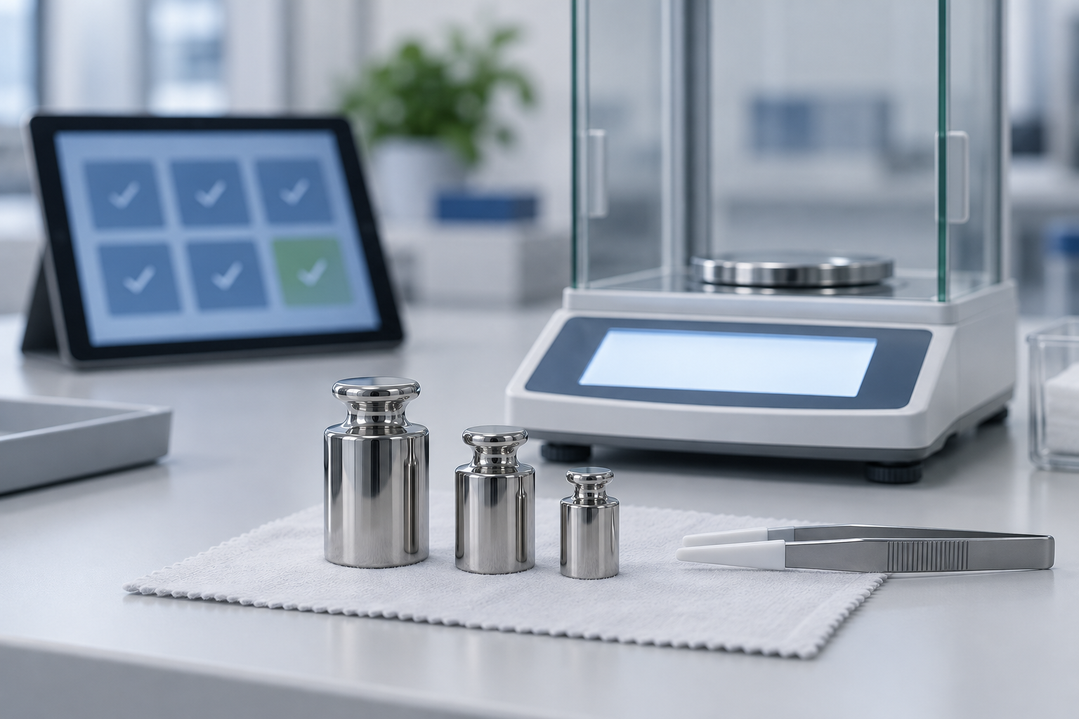 Stainless-steel reference weights on a lint-free cloth in front of an analytical balance, with a tablet showing an organised grid in a clean QC lab