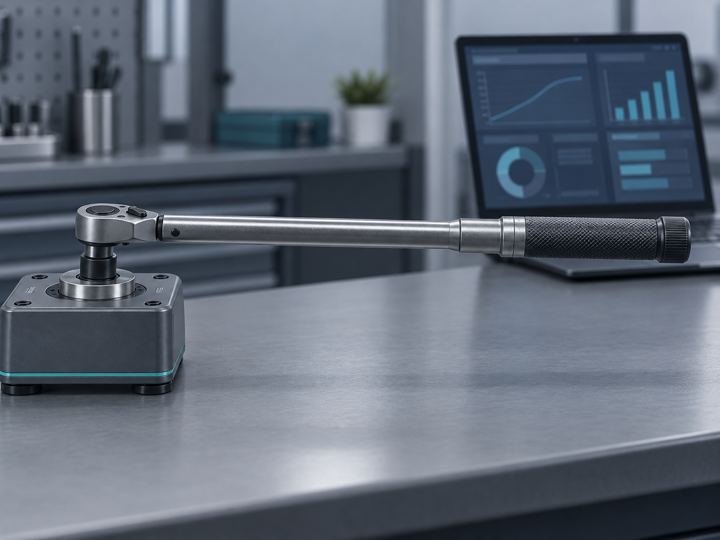 A click torque wrench seated on a benchtop torque analyser, with a laptop showing a calibration dashboard behind it