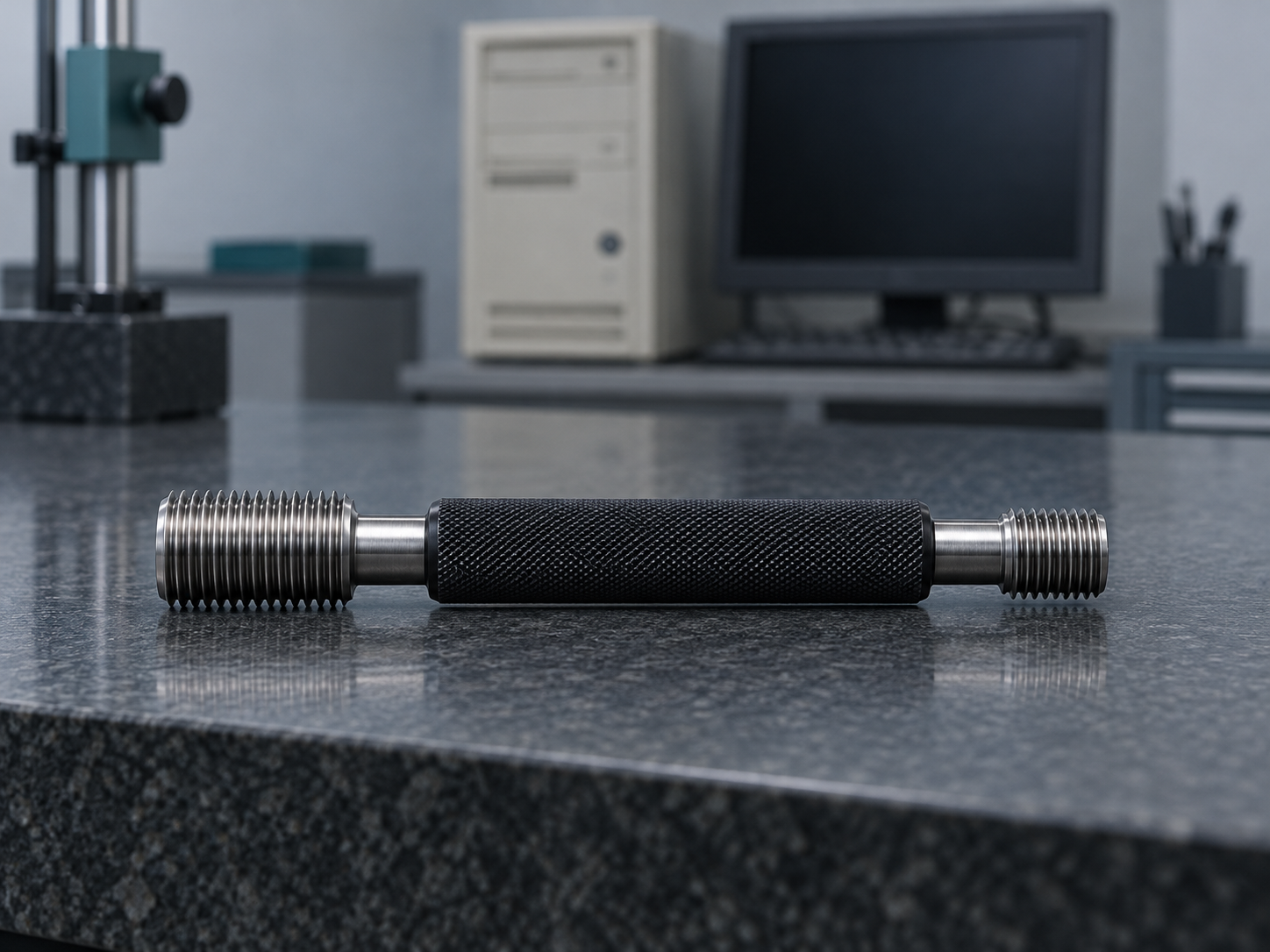 A double-ended thread plug gauge on a granite surface plate, with an old desktop computer switched off in the background
