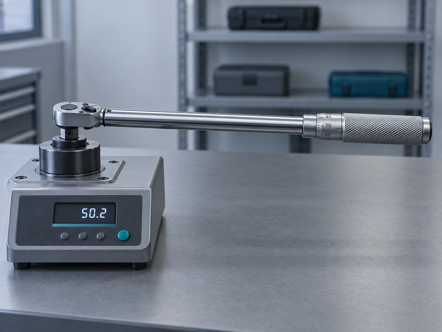 A click-type torque wrench mounted on a benchtop torque analyser, the kind of instrument whose as-found reading is often lost behind a single Pass tick