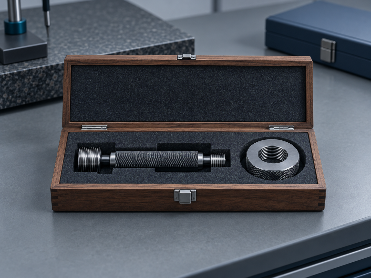 A thread plug gauge and thread ring gauge in their fitted case: attribute gauges whose legacy results often carry range or use limitations in a comments field