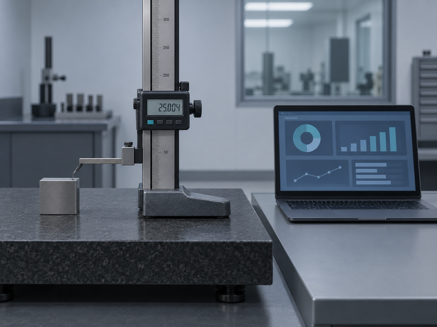 A digital height gauge on a granite surface plate beside a laptop showing an organized calibration dashboard, representing a clean, reclassified result history after migration
