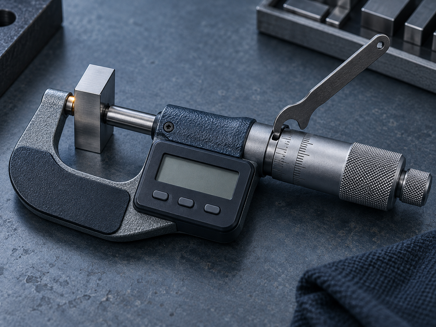 A precision micrometer on a blue-slate inspection bench with a small adjusting spanner engaged in its adjustment slot and a gauge block at the anvil, depicting a gauge being adjusted during calibration