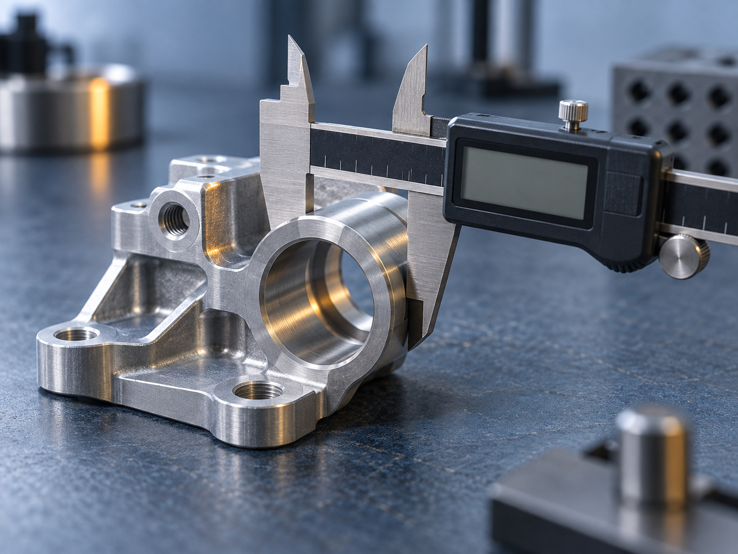 The jaws of a precision digital caliper closed around a machined aluminium automotive bracket on a blue-slate inspection bench, depicting a dimensional measurement on a production part