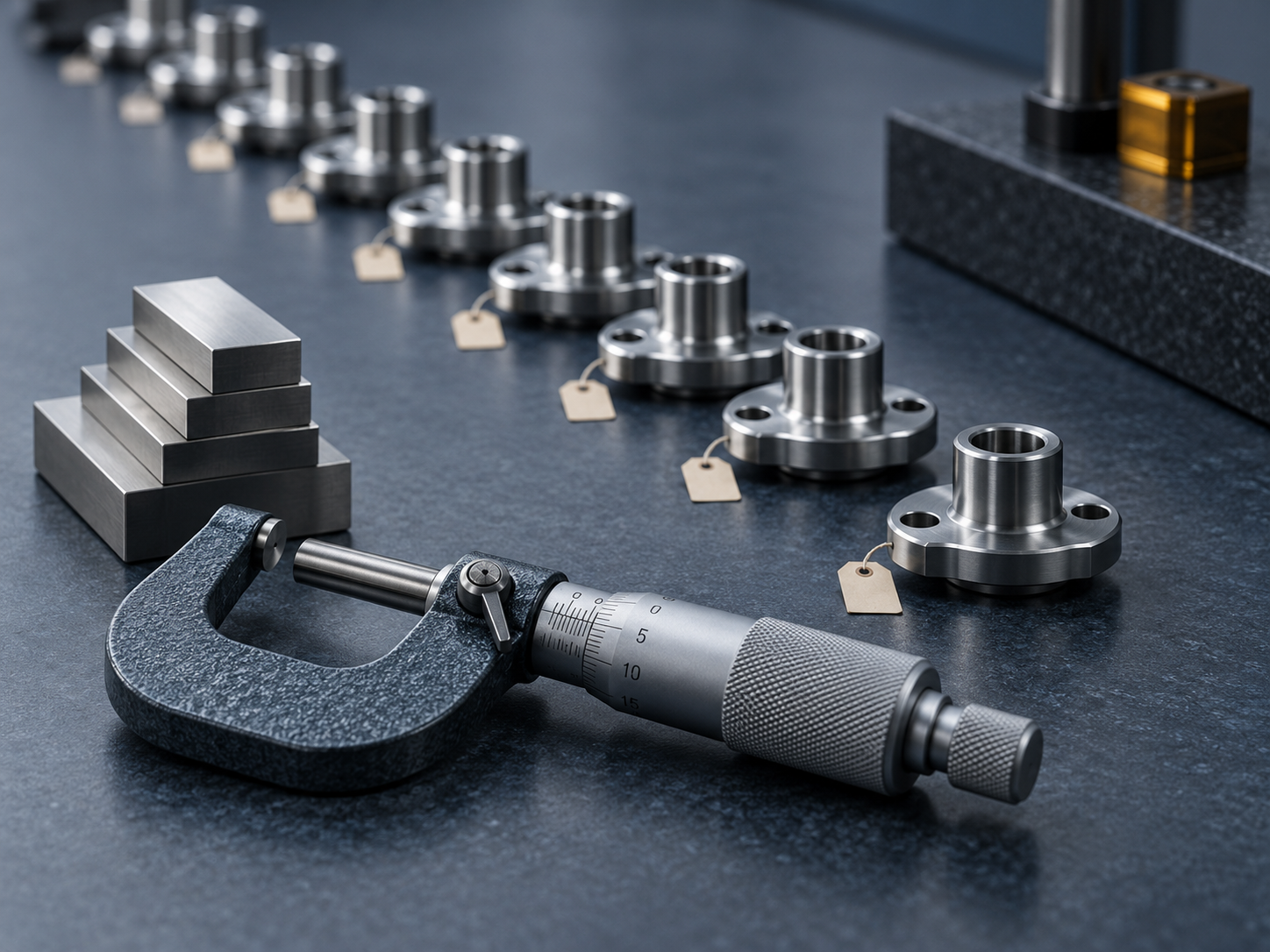 A row of ten numbered machined automotive parts arranged on a blue-slate inspection bench with a micrometer and stacked gauge blocks ready to measure them, depicting a Gage R&R study setup