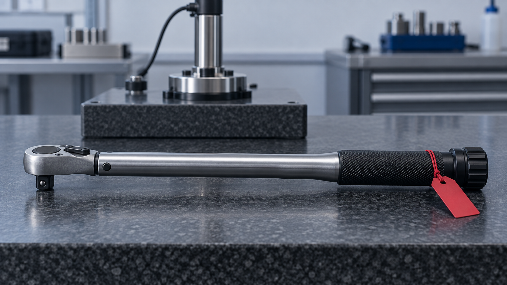 A click torque wrench with a plain red tag on its grip lying on a granite bench in front of a benchtop torque calibrator