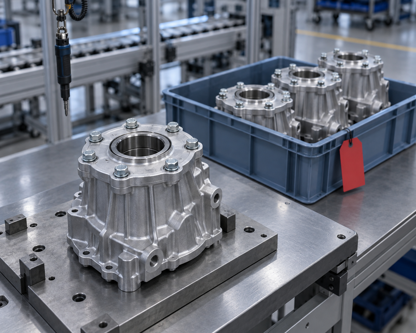 A machined aluminium housing with tightened flange bolts on an assembly fixture, beside a tote of retained housings marked with a red tag