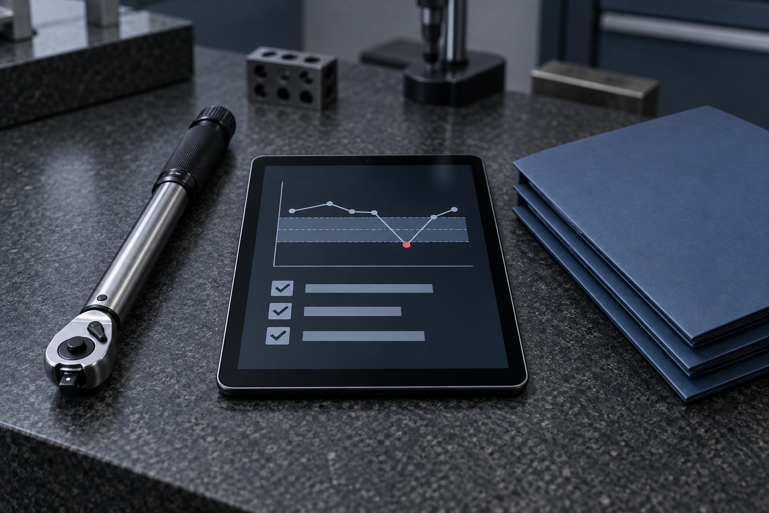 A torque wrench, a tablet showing an abstract trend chart with one point below the band, and a stack of certificate folders on a granite plate