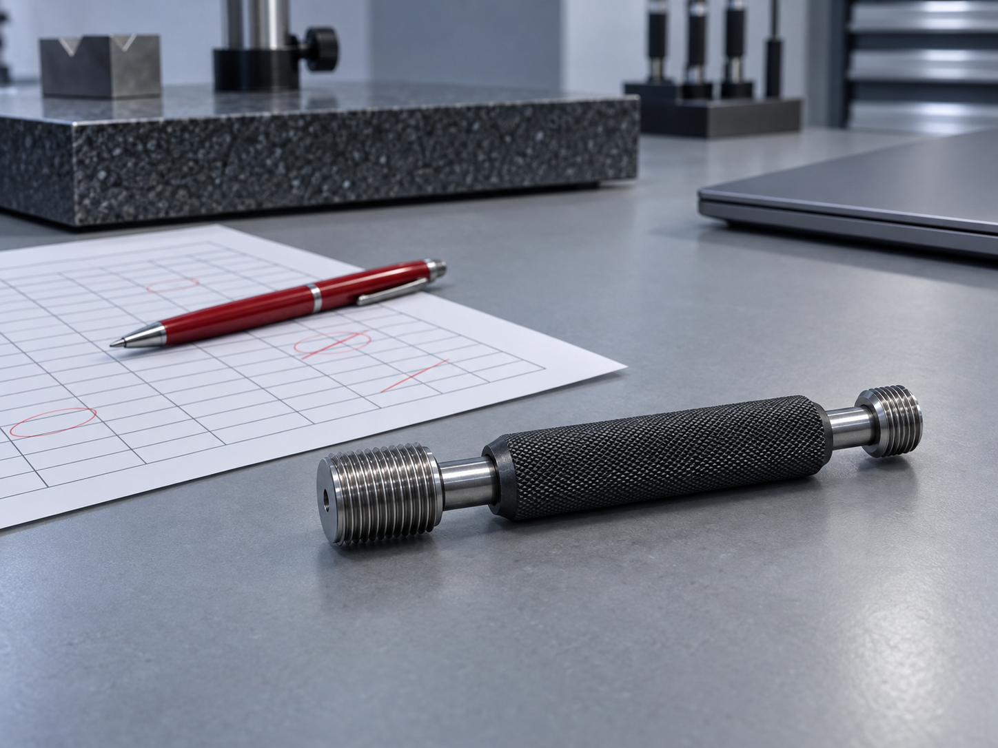 A printed calibration spreadsheet with red pen circles and strike-throughs beside a steel thread plug gauge on a metrology bench
