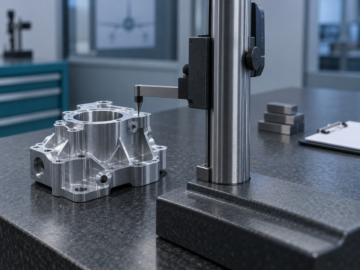 A height gauge seen from behind on a granite surface plate, its scriber touching a machined aluminium part
