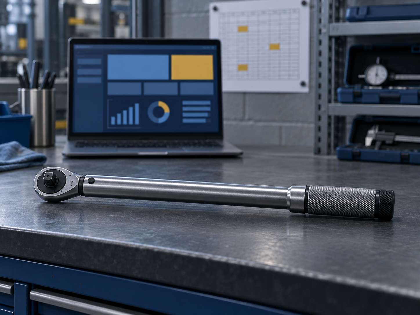 A click-type torque wrench on a tool crib counter, with a laptop showing an abstract dashboard behind it