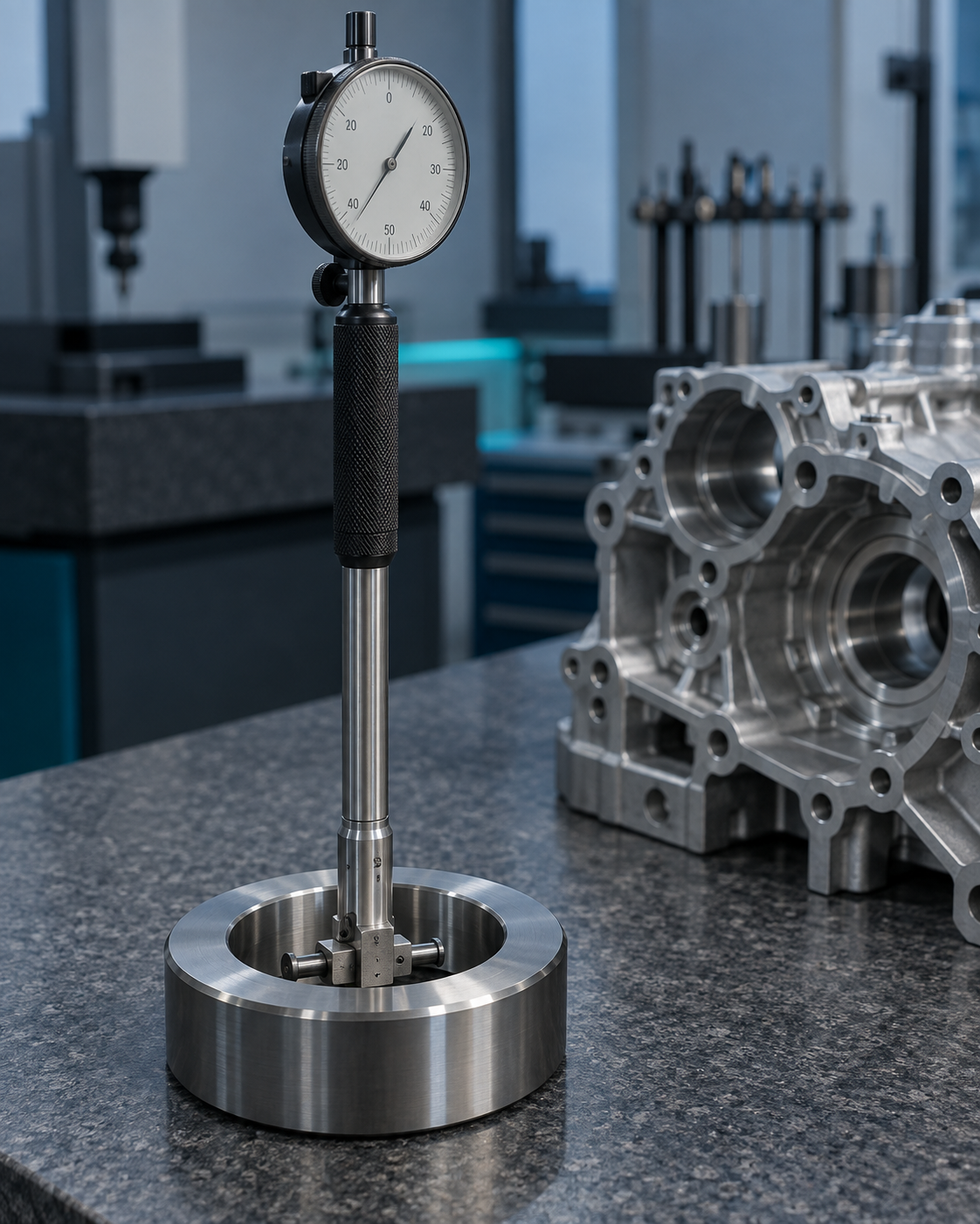 A dial bore gauge seated in its steel setting ring on a granite bench, with a machined transmission housing beside it