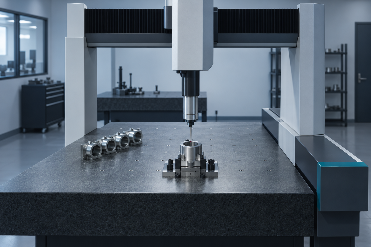 A bridge CMM probing a machined steel reference part on its granite table, with four more reference parts lined up beside the fixture