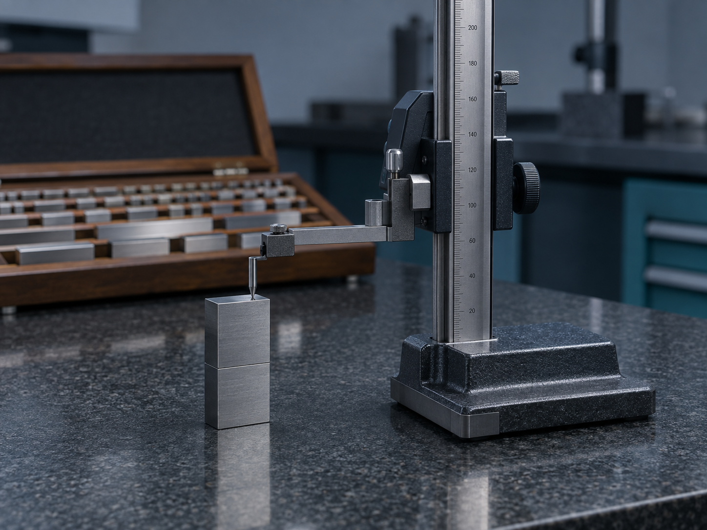 A height gauge on a granite surface plate with its scriber resting on two wrung gauge blocks, a wooden gauge block set open behind it