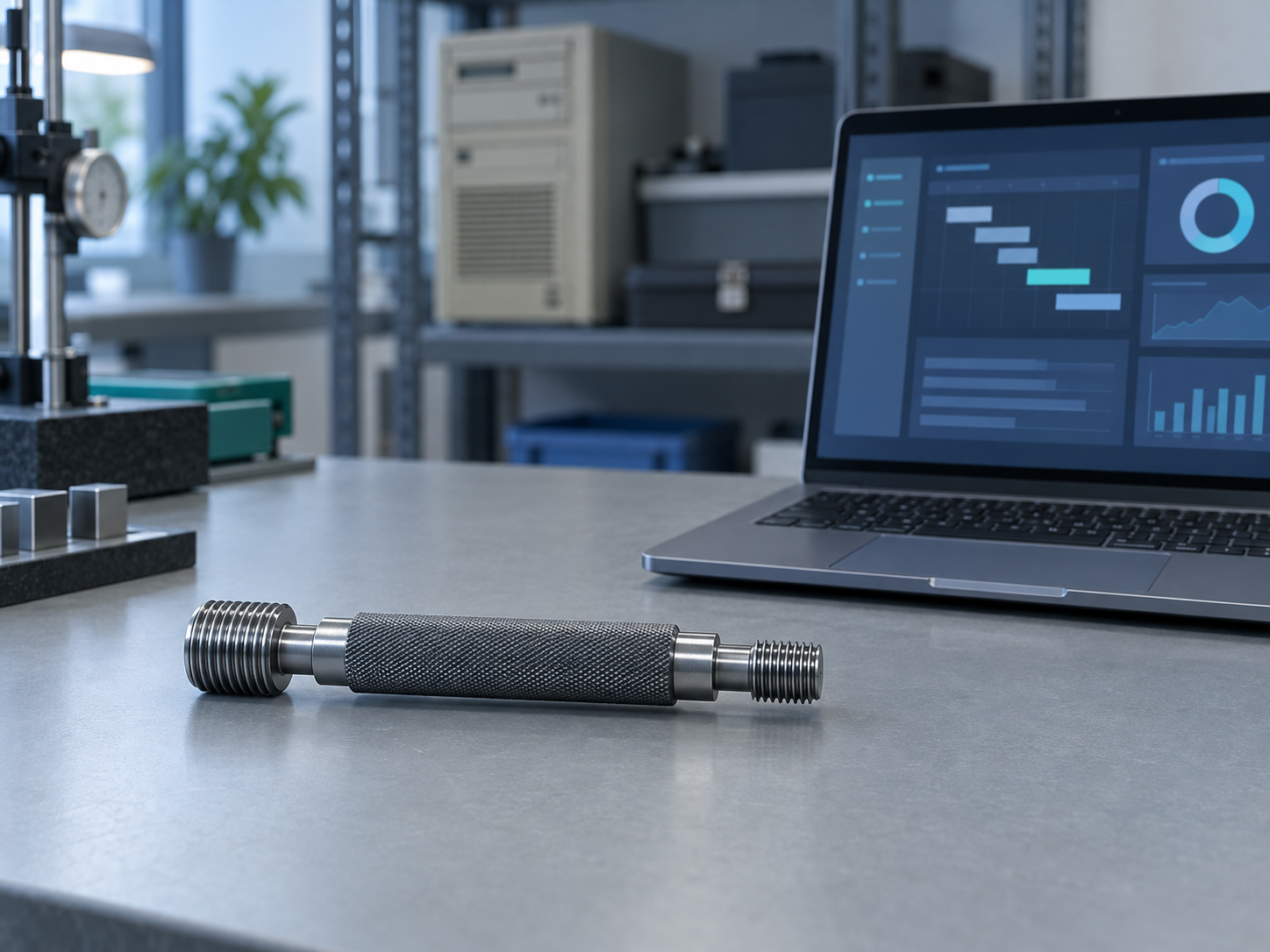A thread plug gauge on a lab bench beside a laptop showing an organized dashboard, with an older server tower out of focus behind