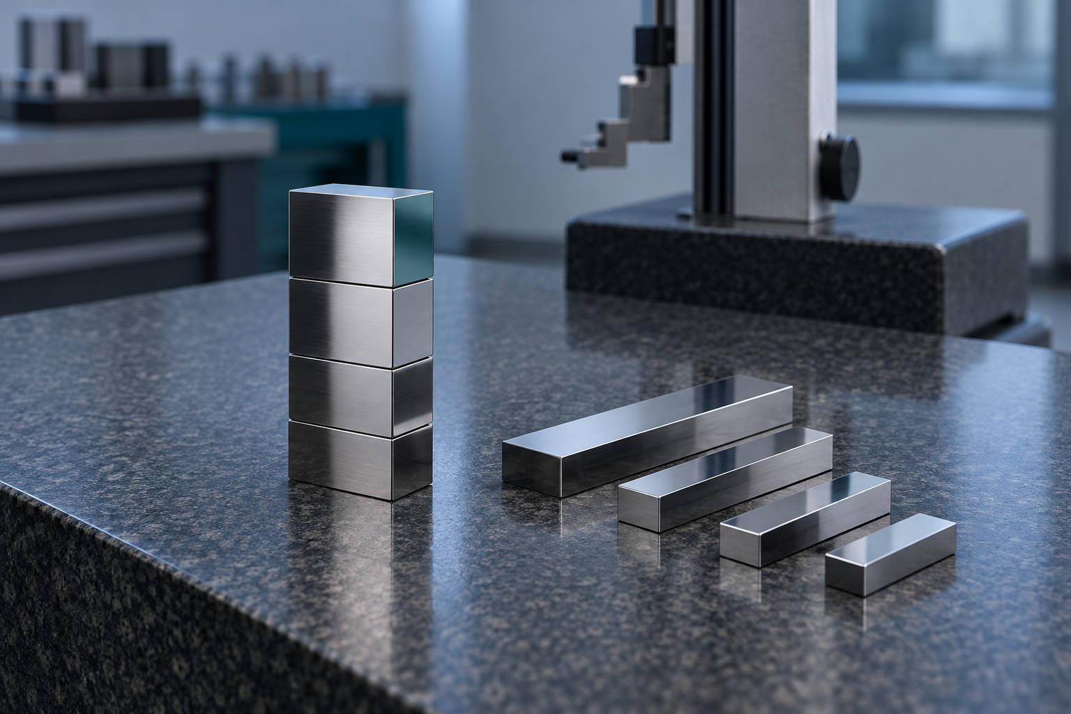 A stack of wrung steel gauge blocks on a granite surface plate with loose blocks of decreasing length beside it