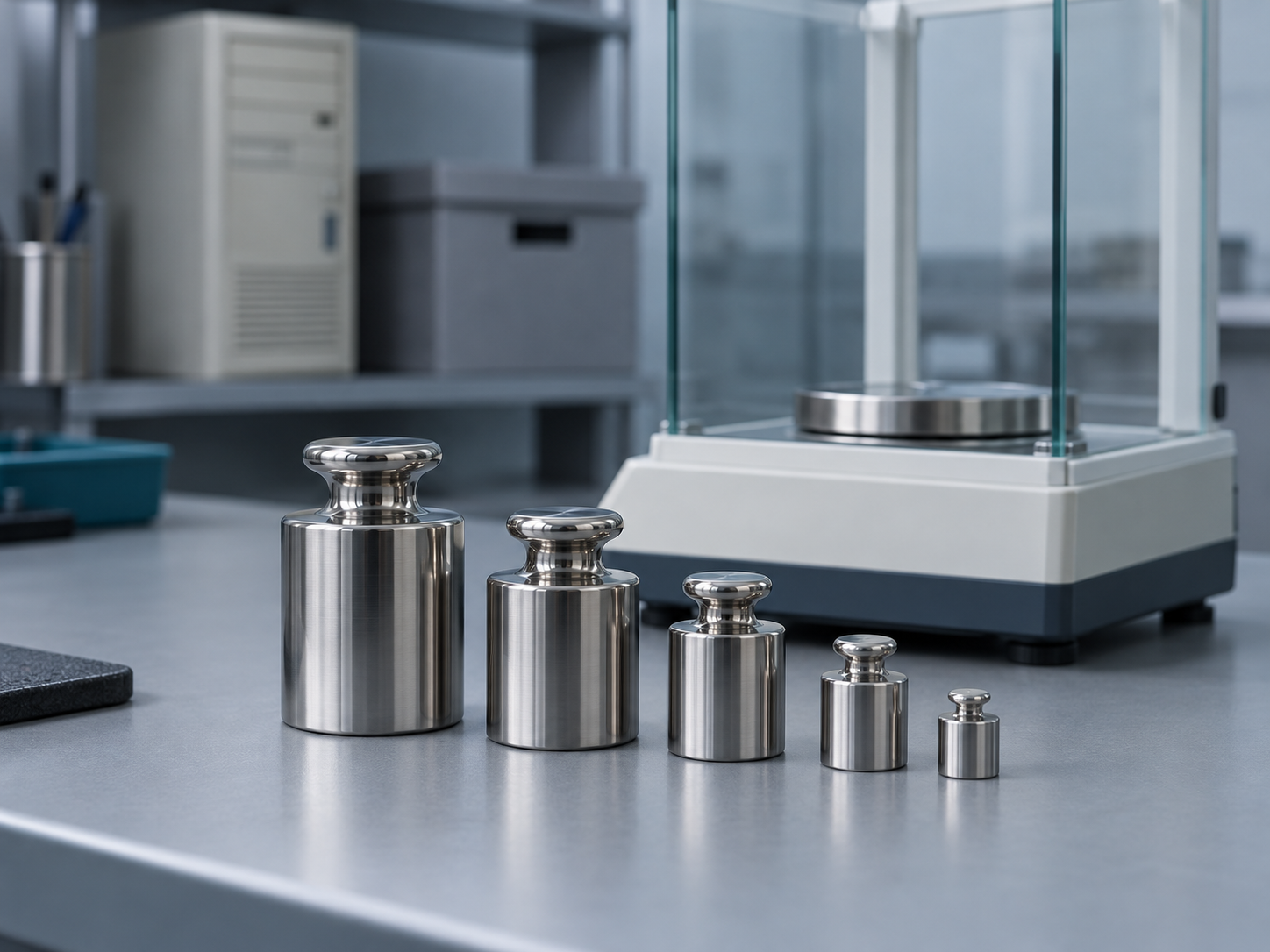 Stainless reference weights in front of a precision balance, with an older server and an archive box out of focus behind