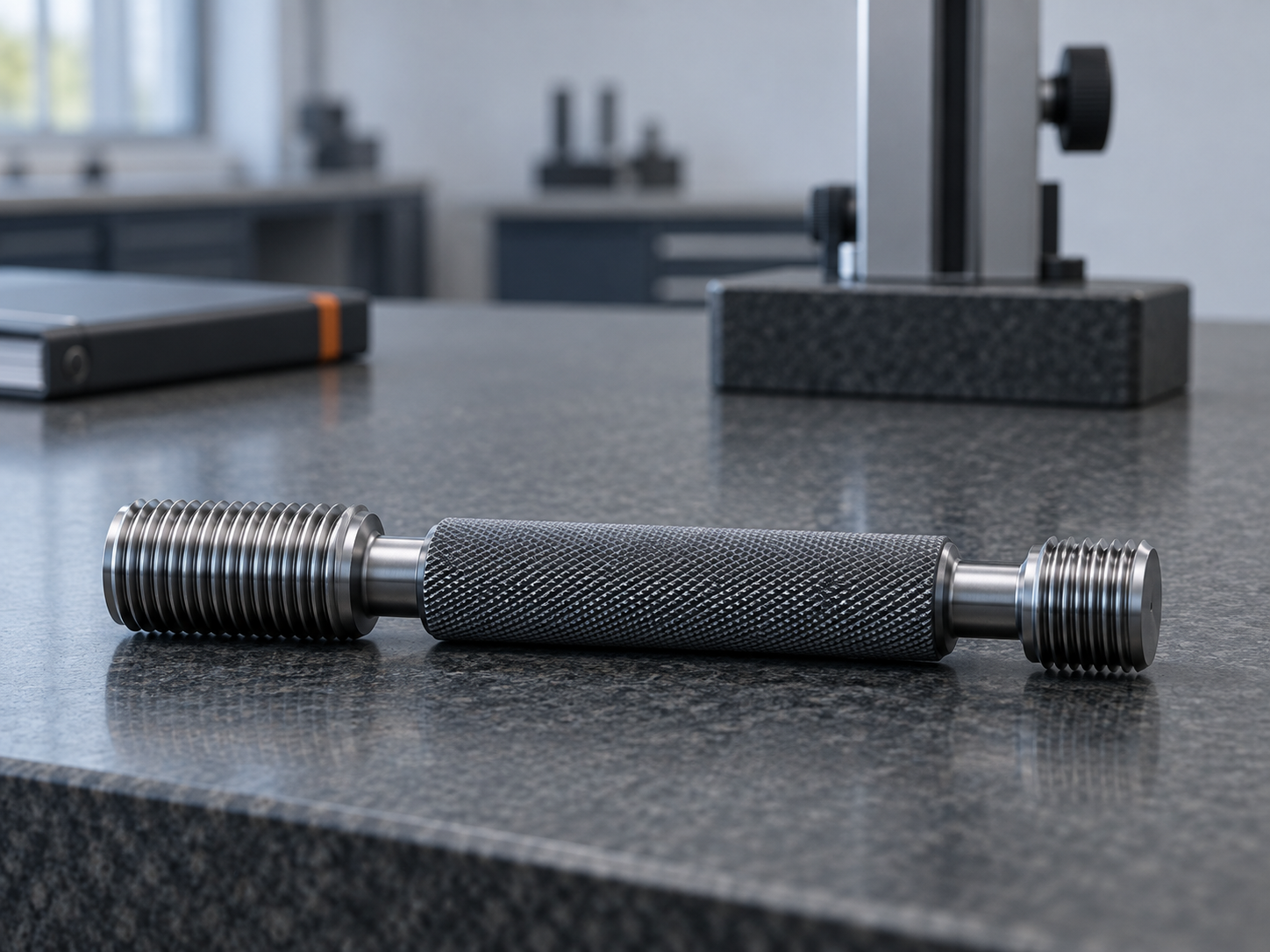 A thread plug gauge with GO and NO-GO ends on a granite surface plate in a metrology room