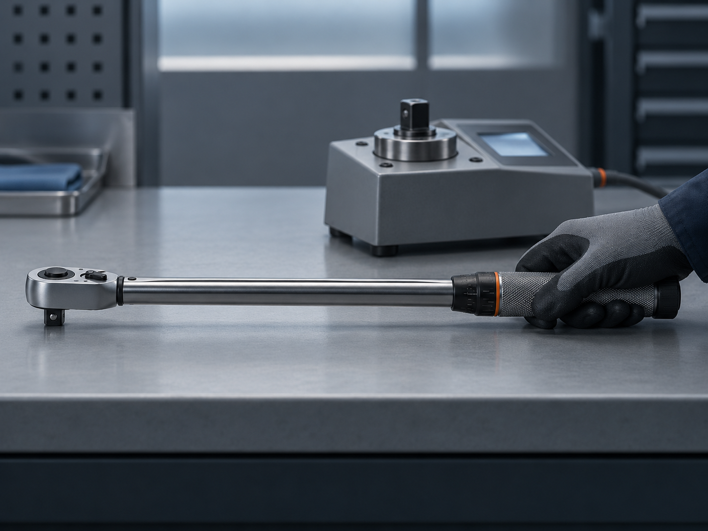 A click torque wrench lying beside a benchtop torque tester in a calibration lab