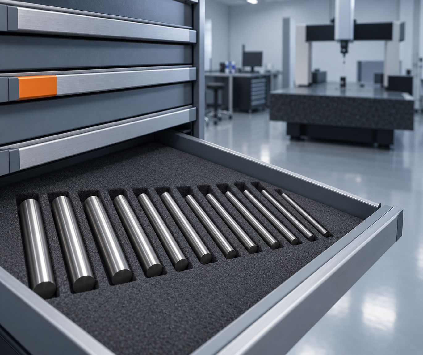 An open gauge-crib drawer holding a row of cylindrical pin gauges in a foam tray