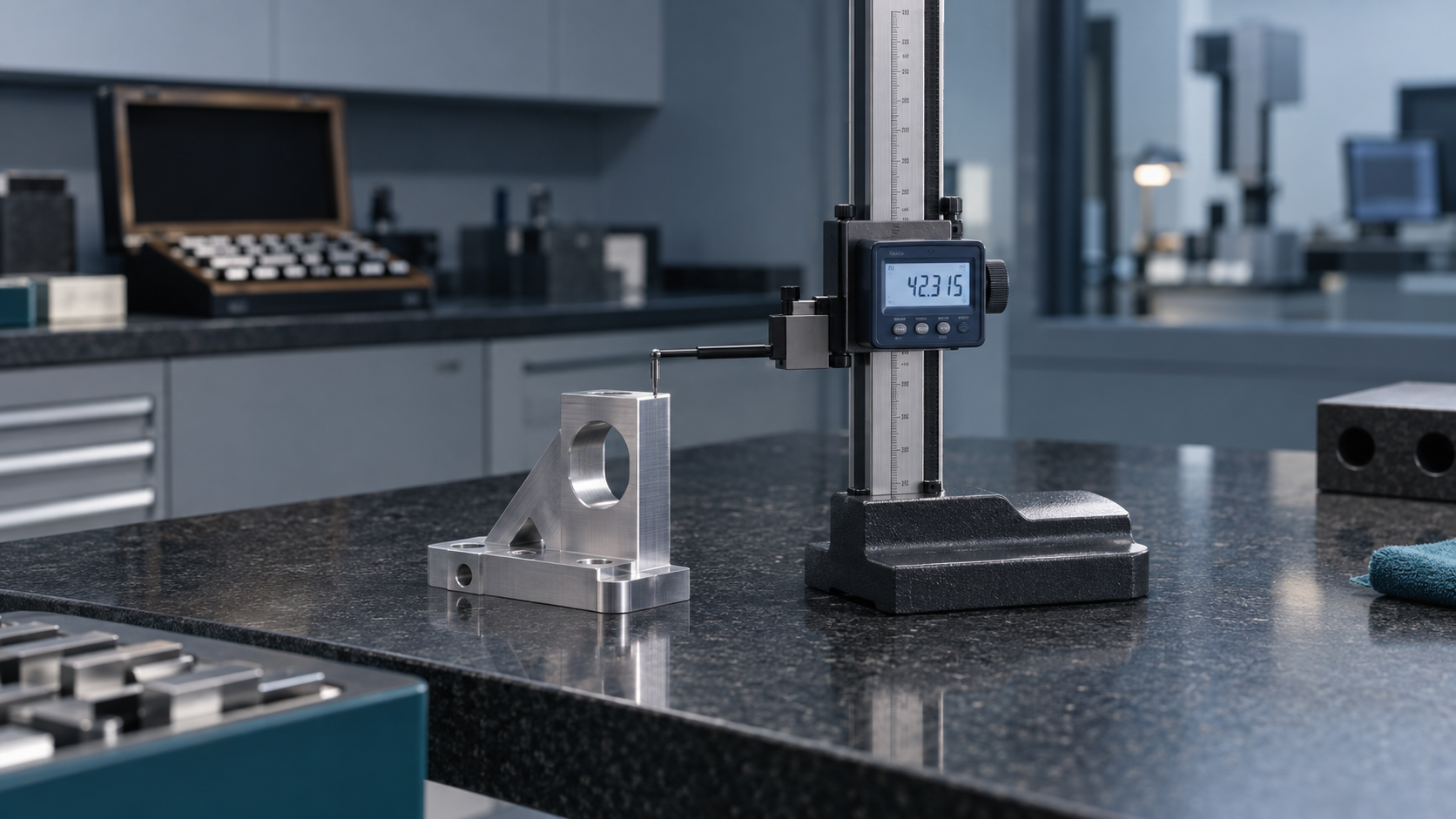 A digital height gauge on a black granite surface plate with its probe resting on a machined aluminium bracket, display lit with a reading