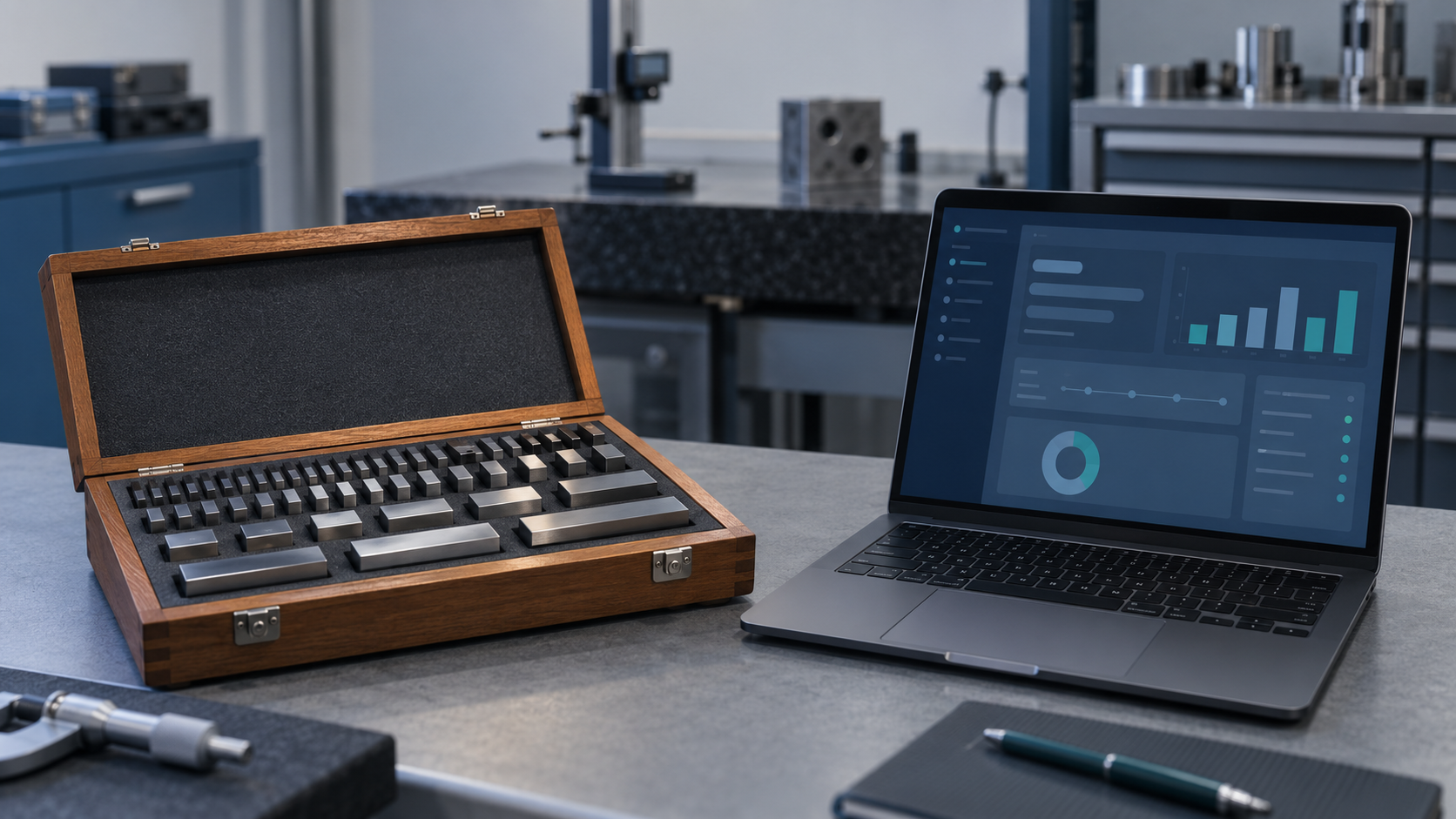 An open gauge block set in its wooden case on a grey workbench beside a laptop showing an organized dashboard