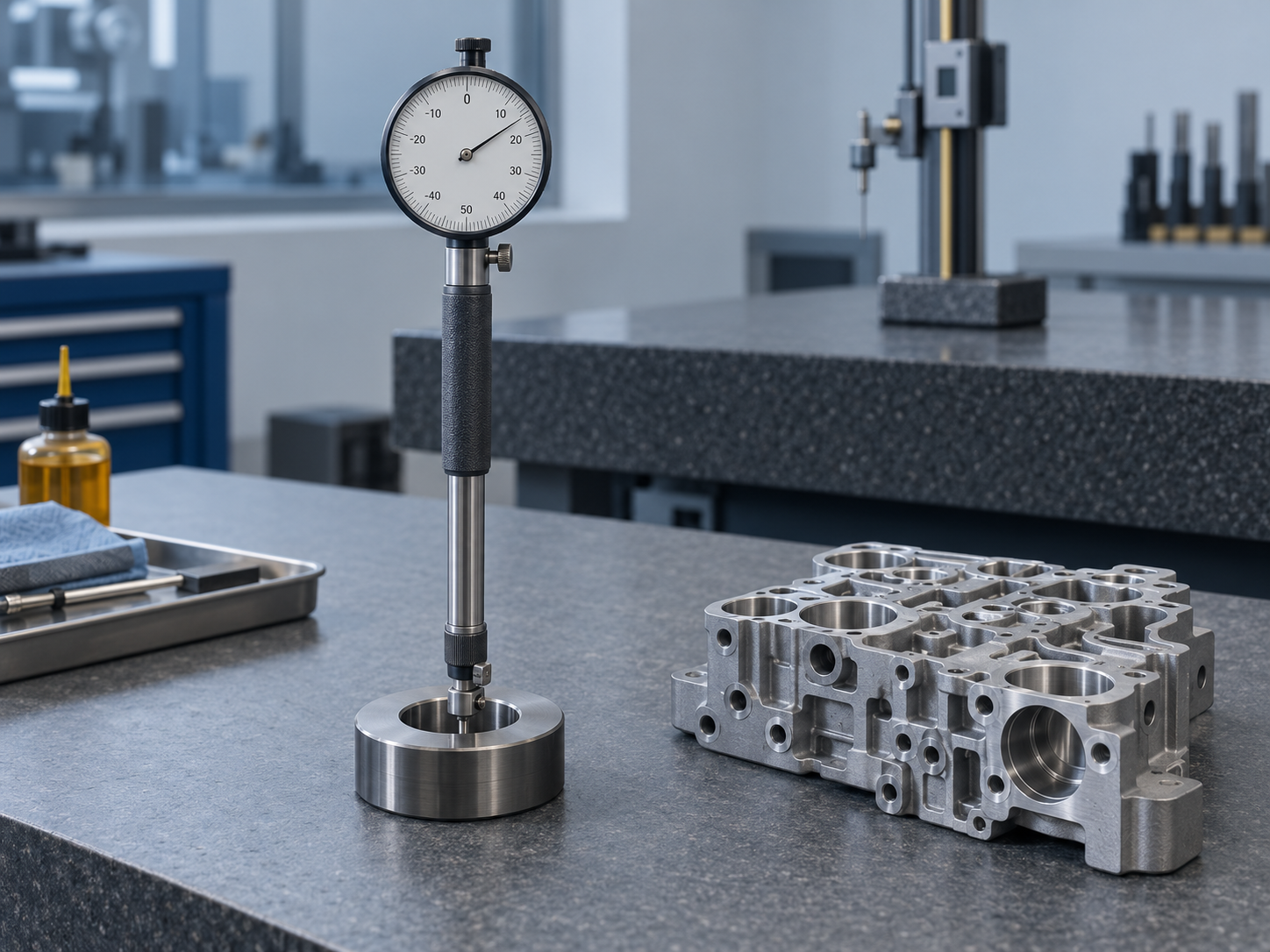 A dial bore gauge seated in its steel setting ring beside a machined aluminium valve body on a granite inspection bench