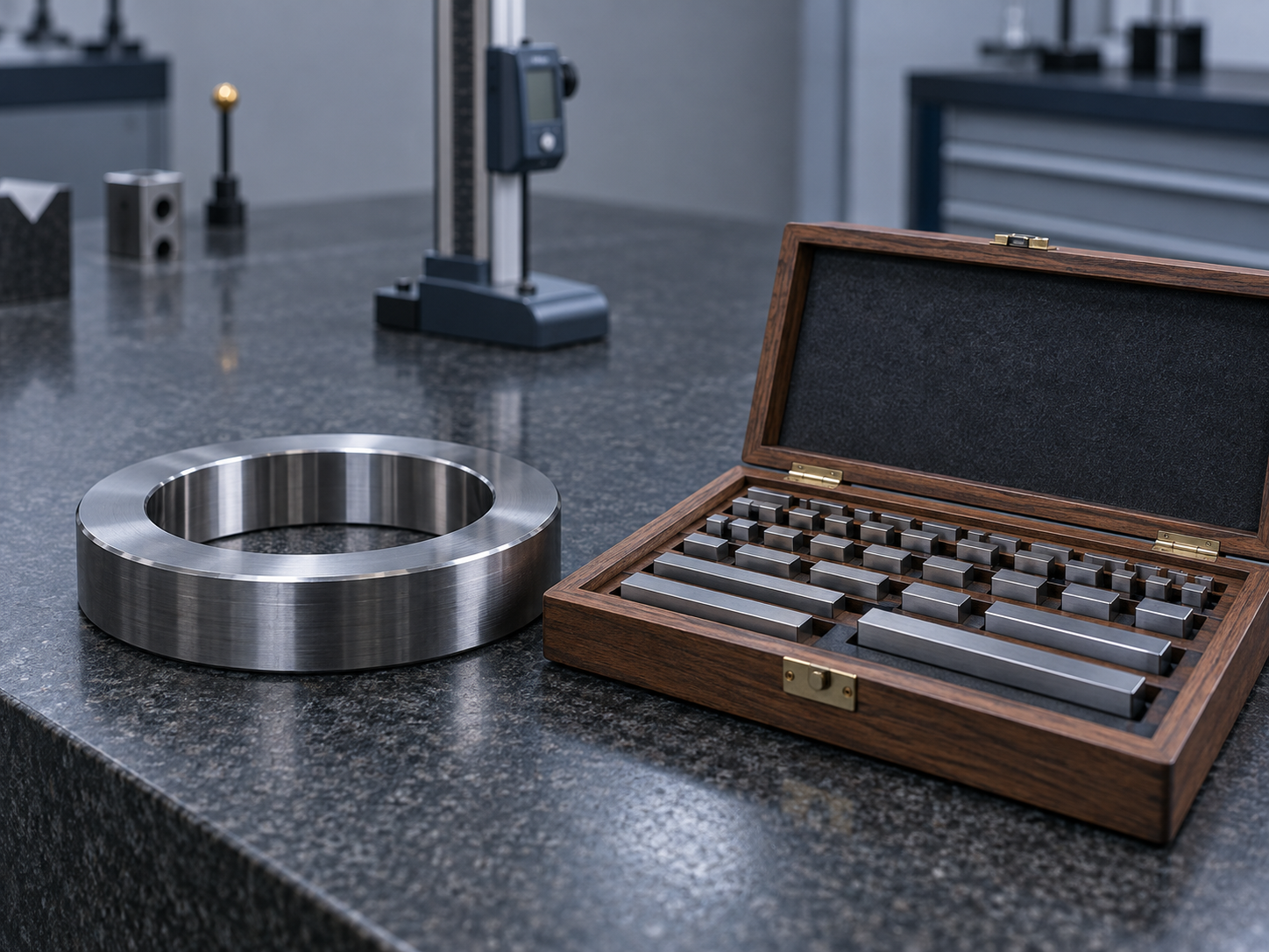 A precision steel setting ring master and an open wooden gauge block set on a granite surface plate in a calibration lab