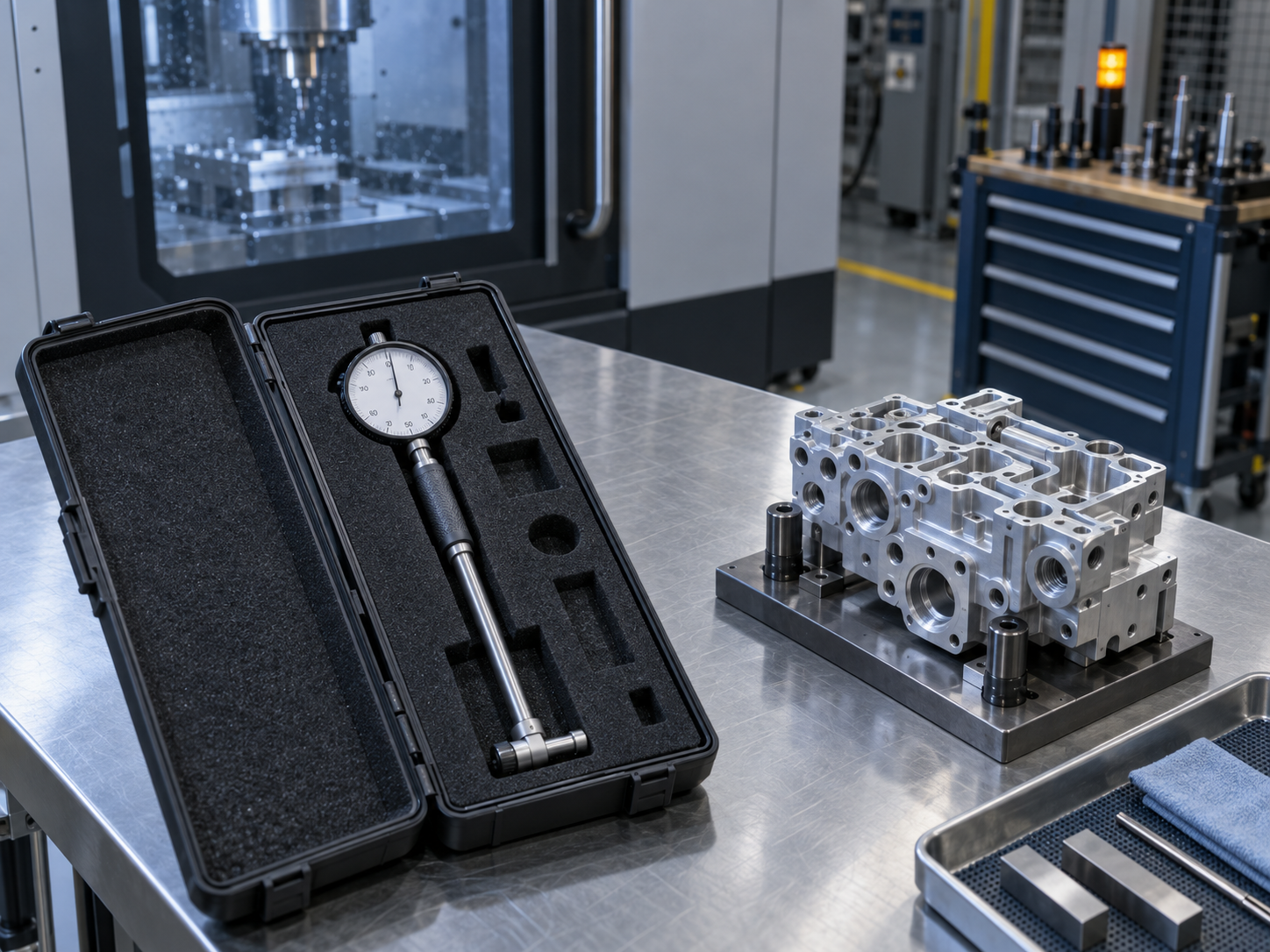 A dial bore gauge in its open foam-lined case on a stainless inspection table next to a CNC machining cell