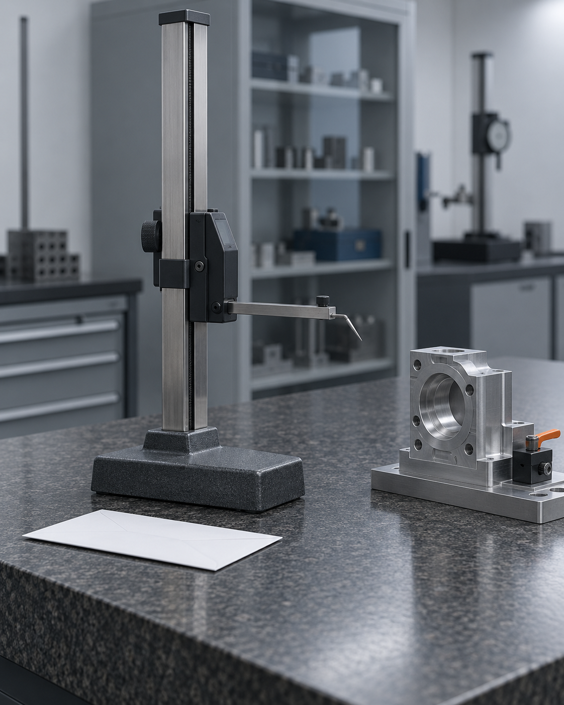A digital height gauge on a granite surface plate next to a machined part, with a returned calibration envelope beside its base