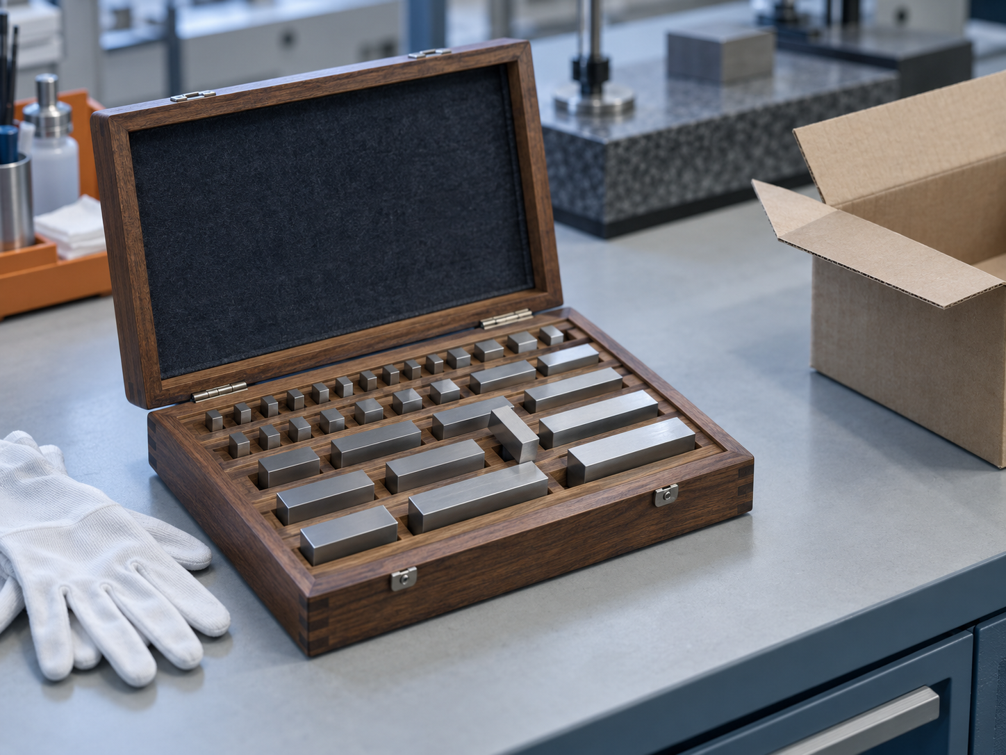An open wooden case of steel gauge blocks next to a returned shipping box on a lab bench