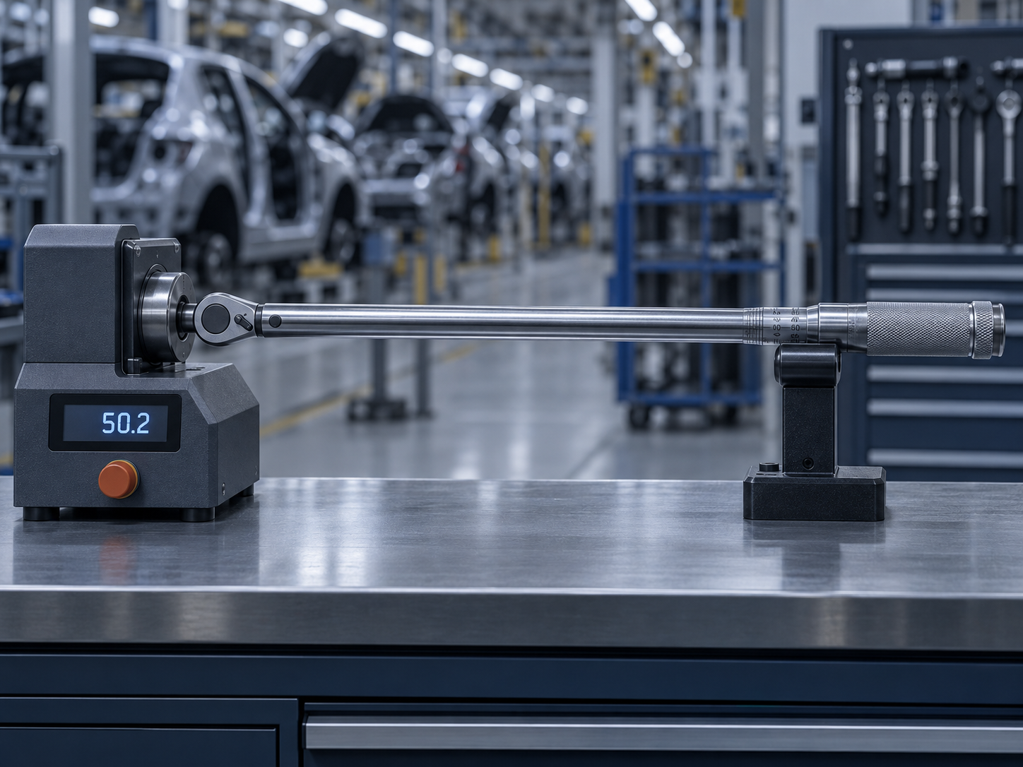 A click torque wrench mounted in a benchtop torque analyser beside an assembly line