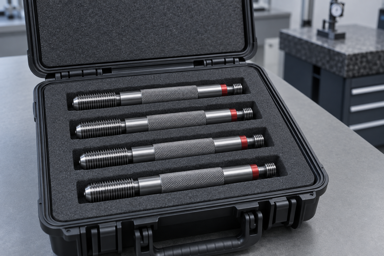 Four identical double-ended thread plug gauges in a foam-lined transit case on a lab intake bench