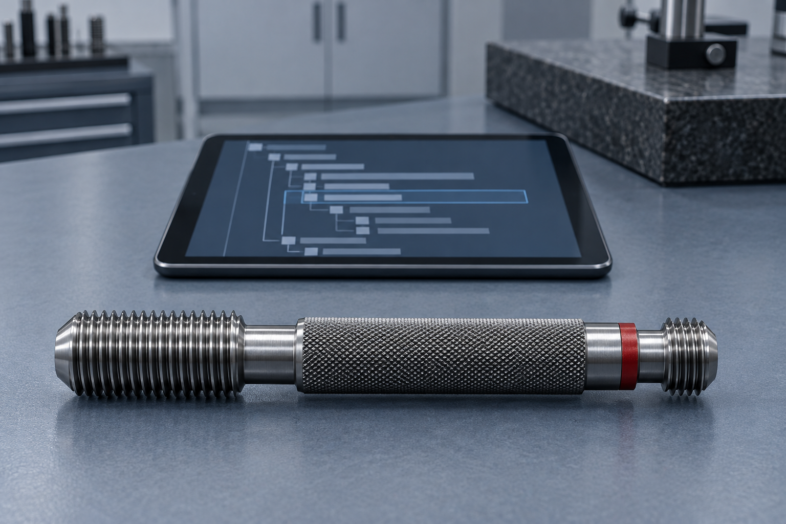 A thread plug gauge on an inspection bench in front of a tablet showing an abstract nested data structure