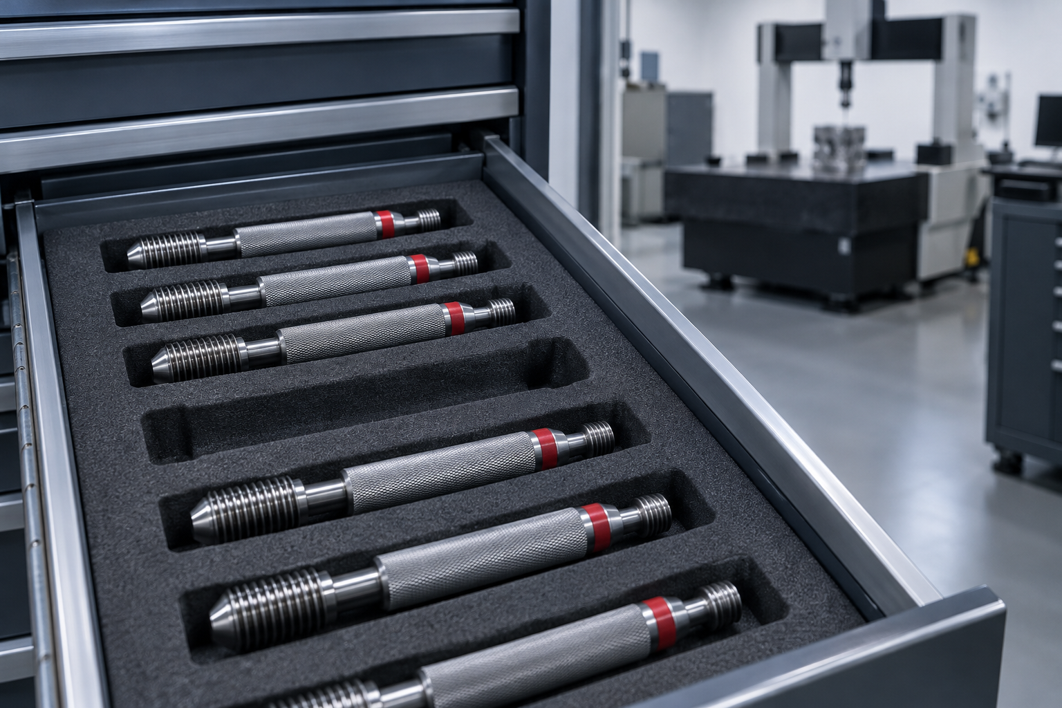 An open gauge-crib drawer with identical thread plug gauges in foam cut-outs and one empty slot