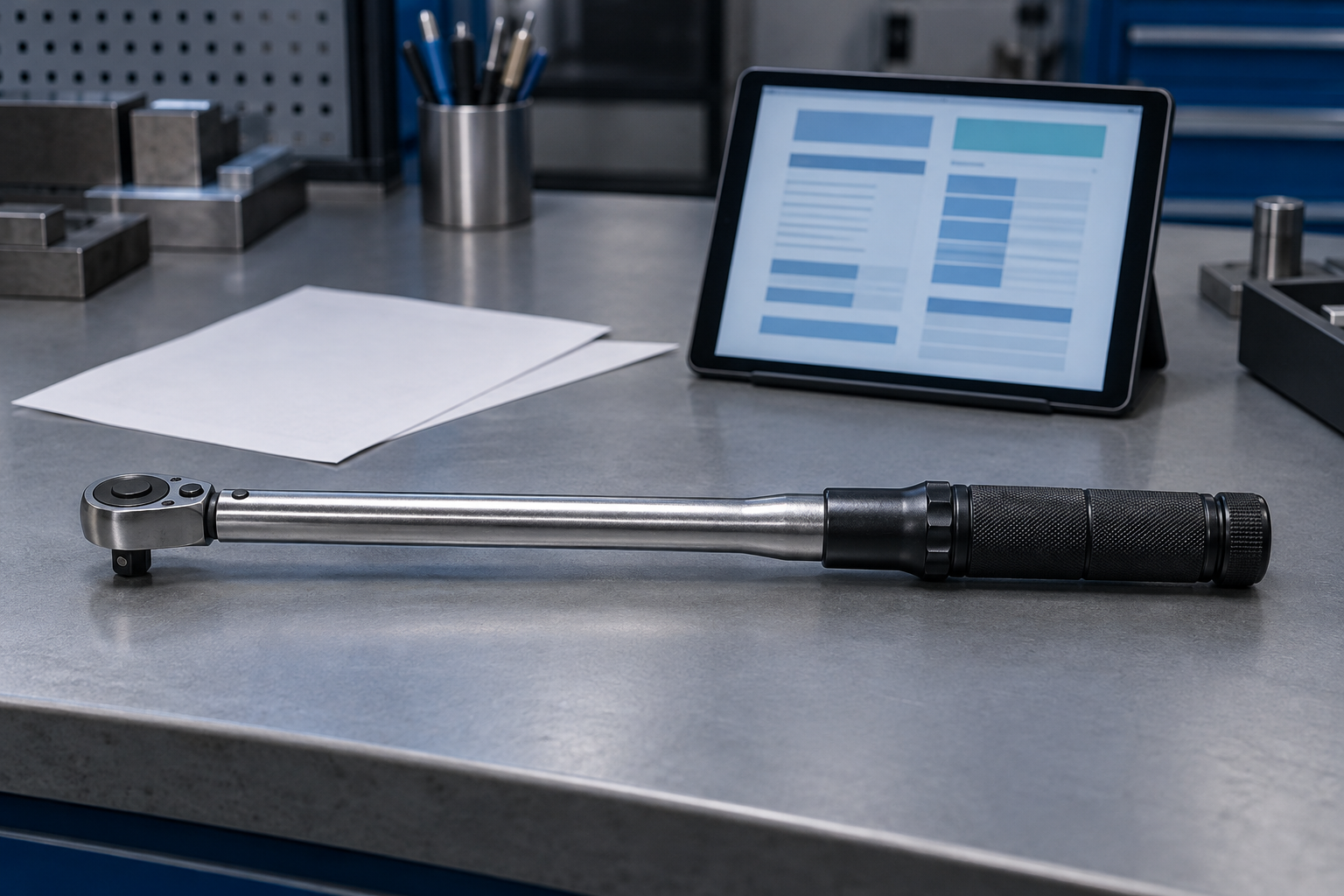 A complete click torque wrench on a receiving bench beside paper sheets and a tablet showing abstract structured certificate data