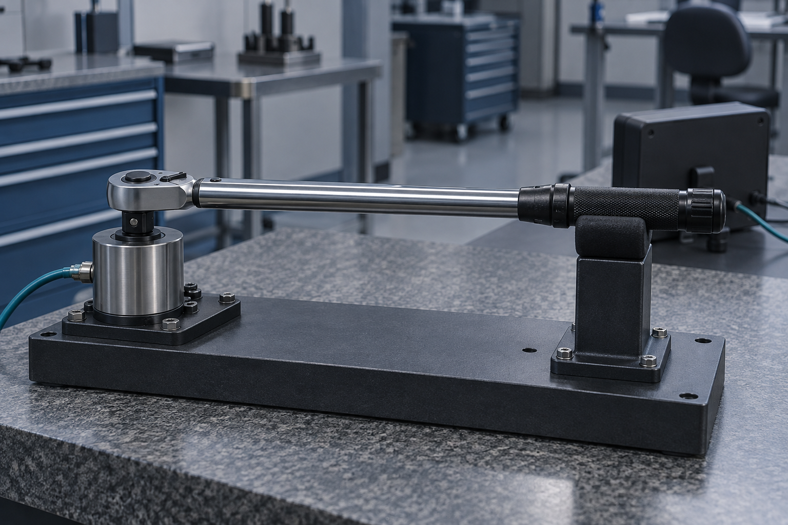 A click torque wrench seated on a bench-mounted torque transducer with its handle supported before loading