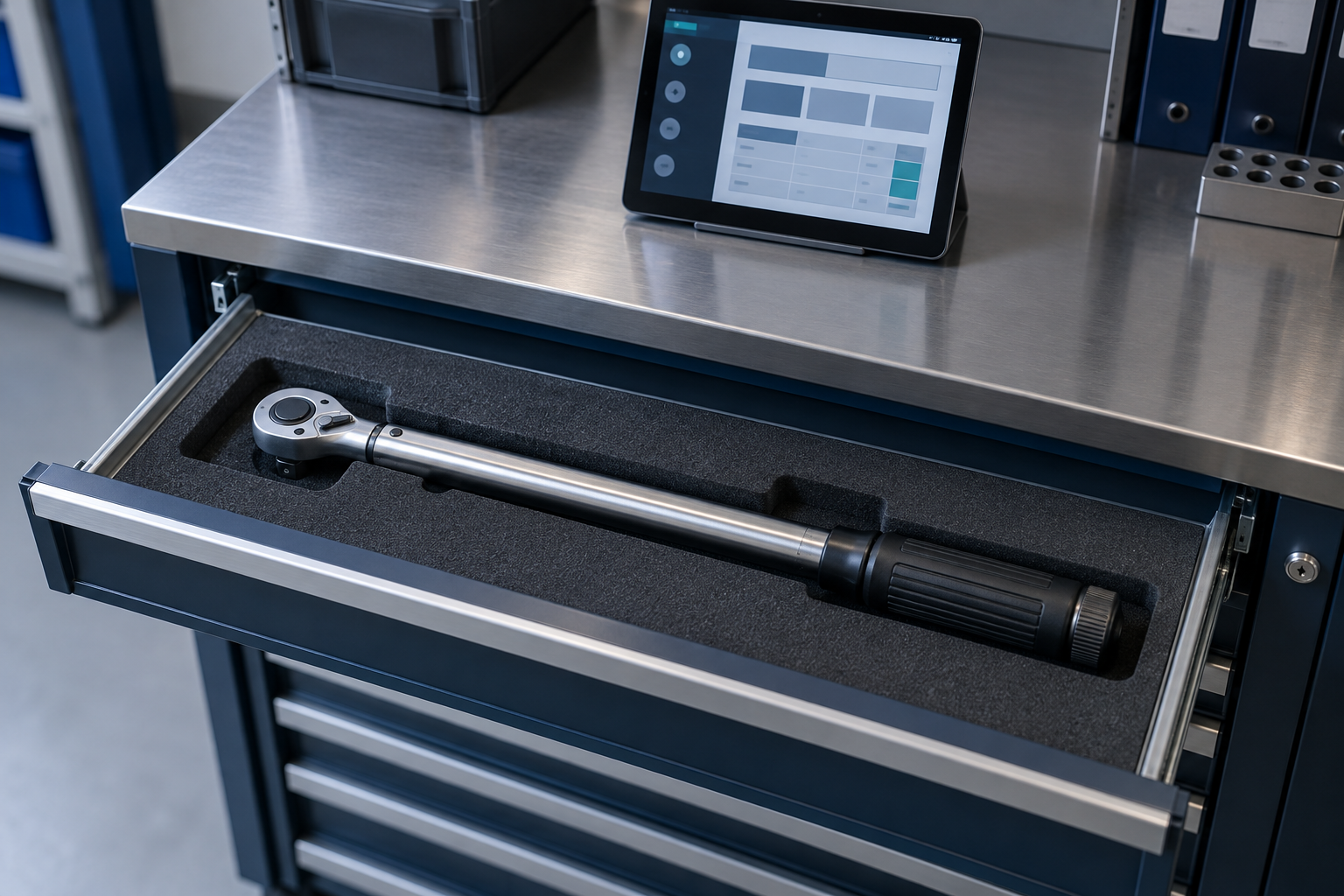 A torque wrench stored in a fitted equipment drawer beneath a tablet displaying an abstract equipment evidence record