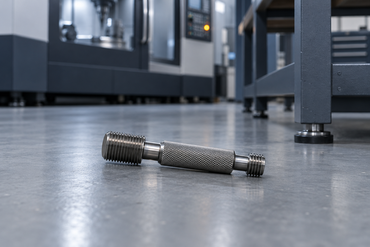 A steel thread plug gauge lying on the floor of a machining cell after being dropped