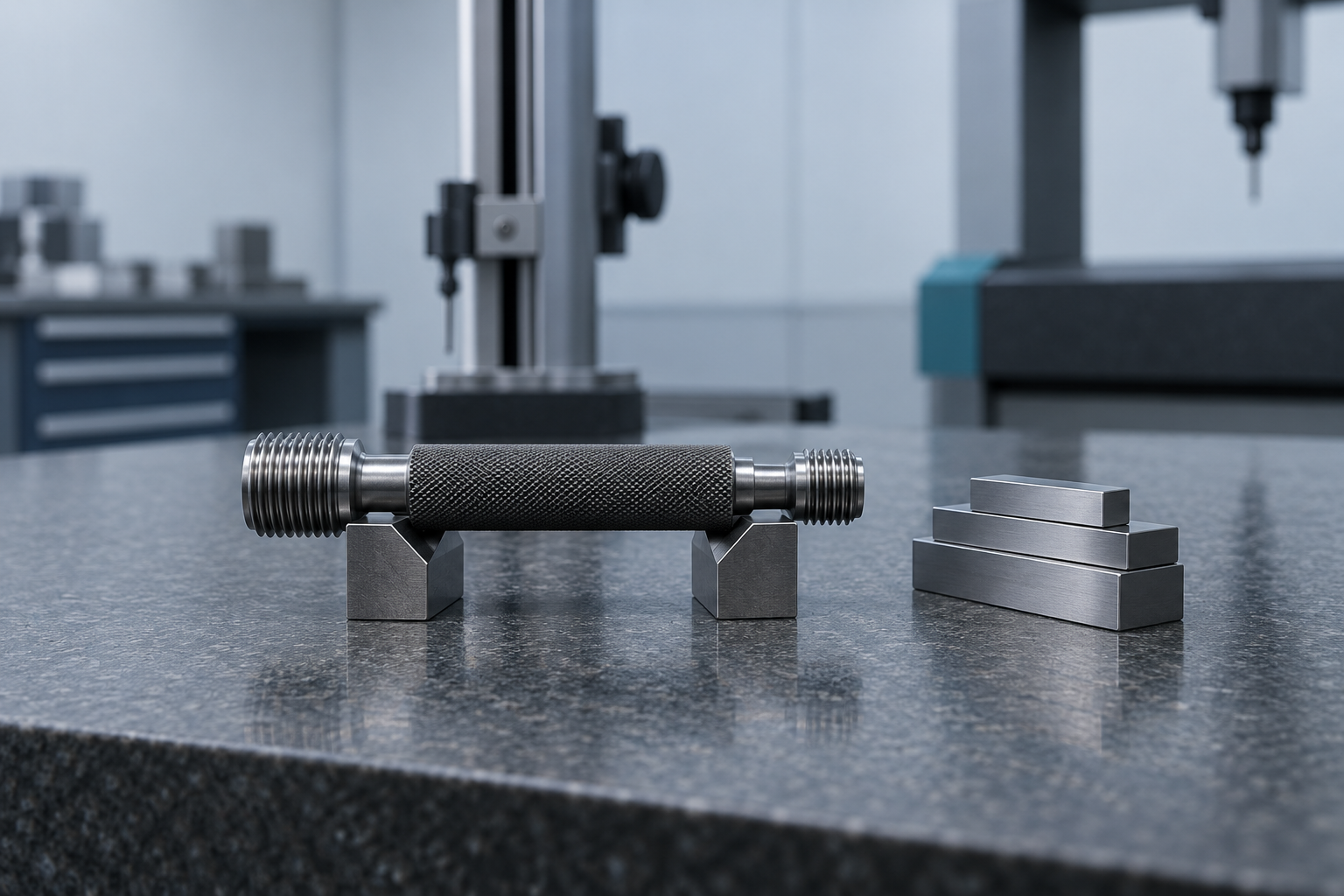 The thread plug gauge on V-blocks on a granite surface plate in a metrology room, beside wrung gauge blocks