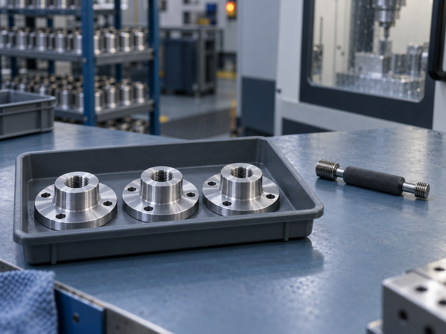 A tray of machined flanges with tapped holes set aside for re-inspection, with the thread plug gauge beside them