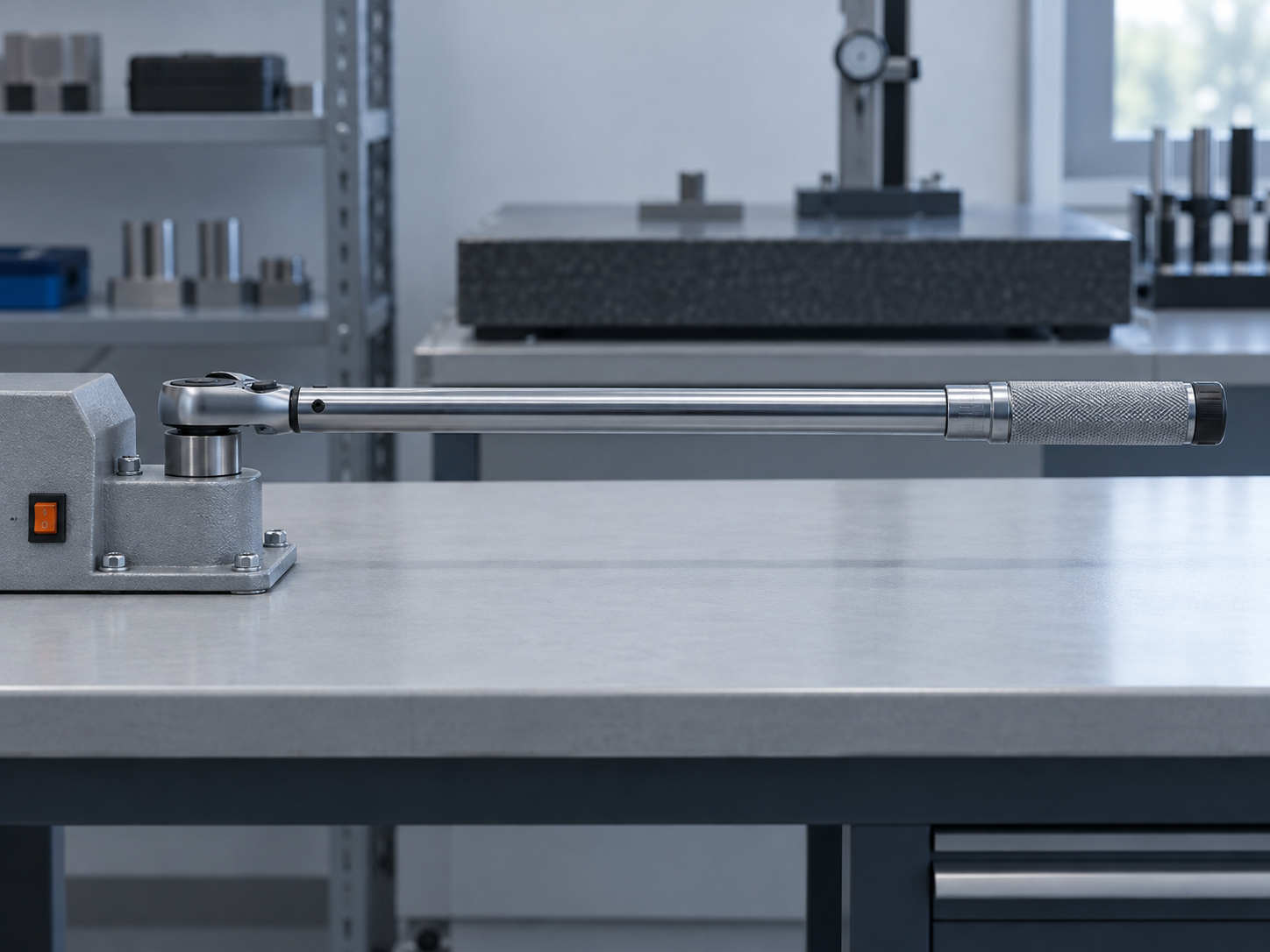 A click torque wrench engaged in a benchtop torque tester in a metrology room