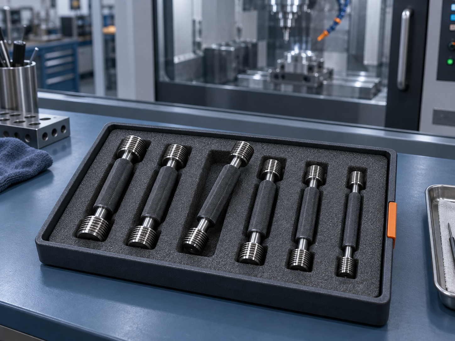 A foam-lined tray of thread plug gauges of different sizes, one lifted for calibration