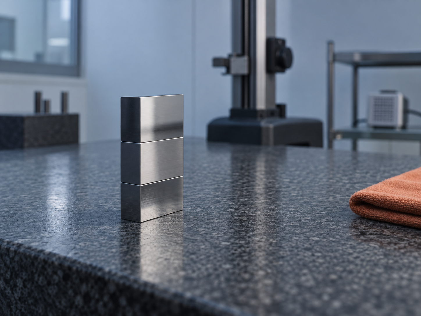 A stack of wrung gauge blocks on a granite surface plate with a height gauge column behind