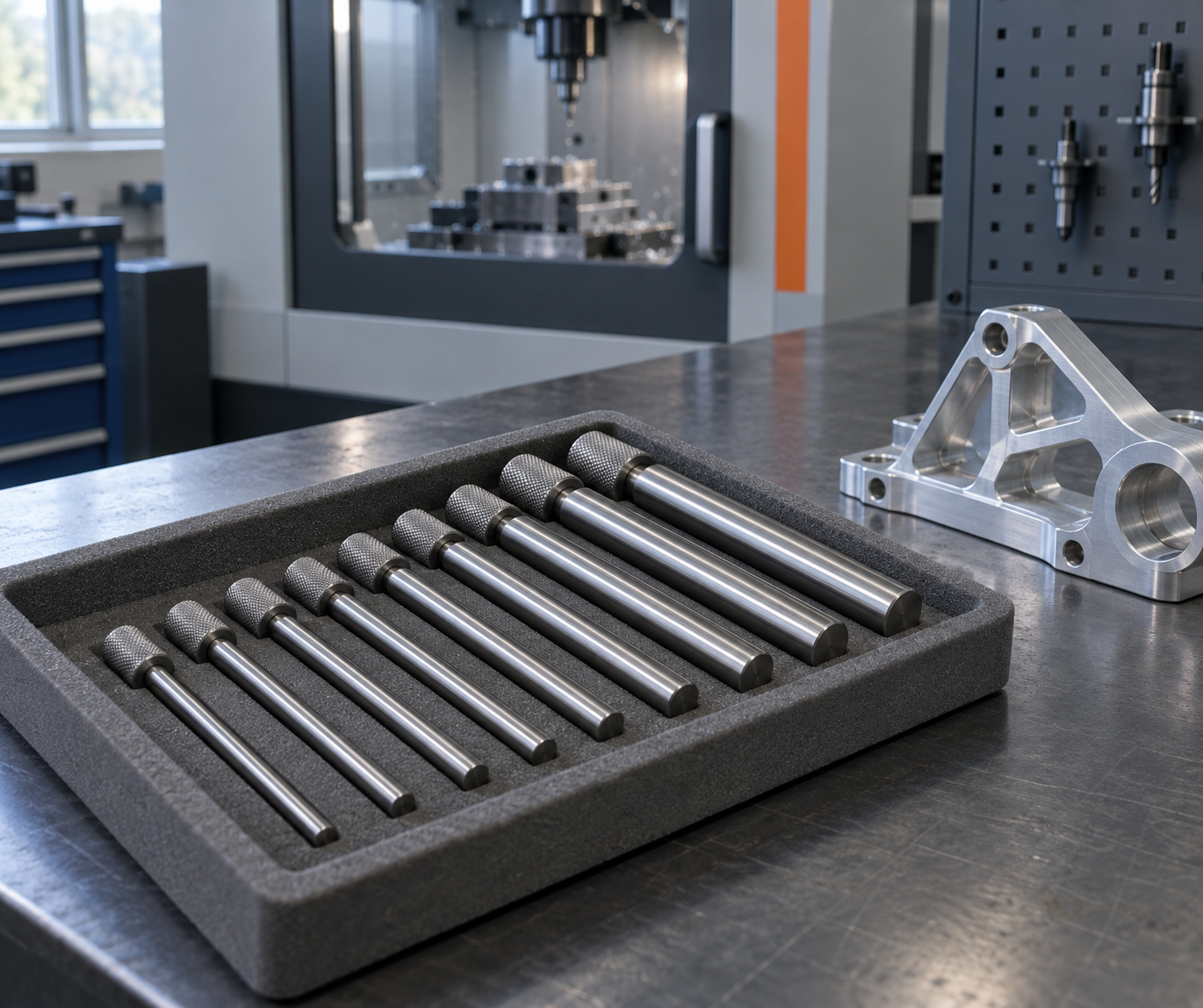 Steel pin gauges in a grey foam tray on a workbench in an aerospace machining cell, beside a machined aluminium bracket