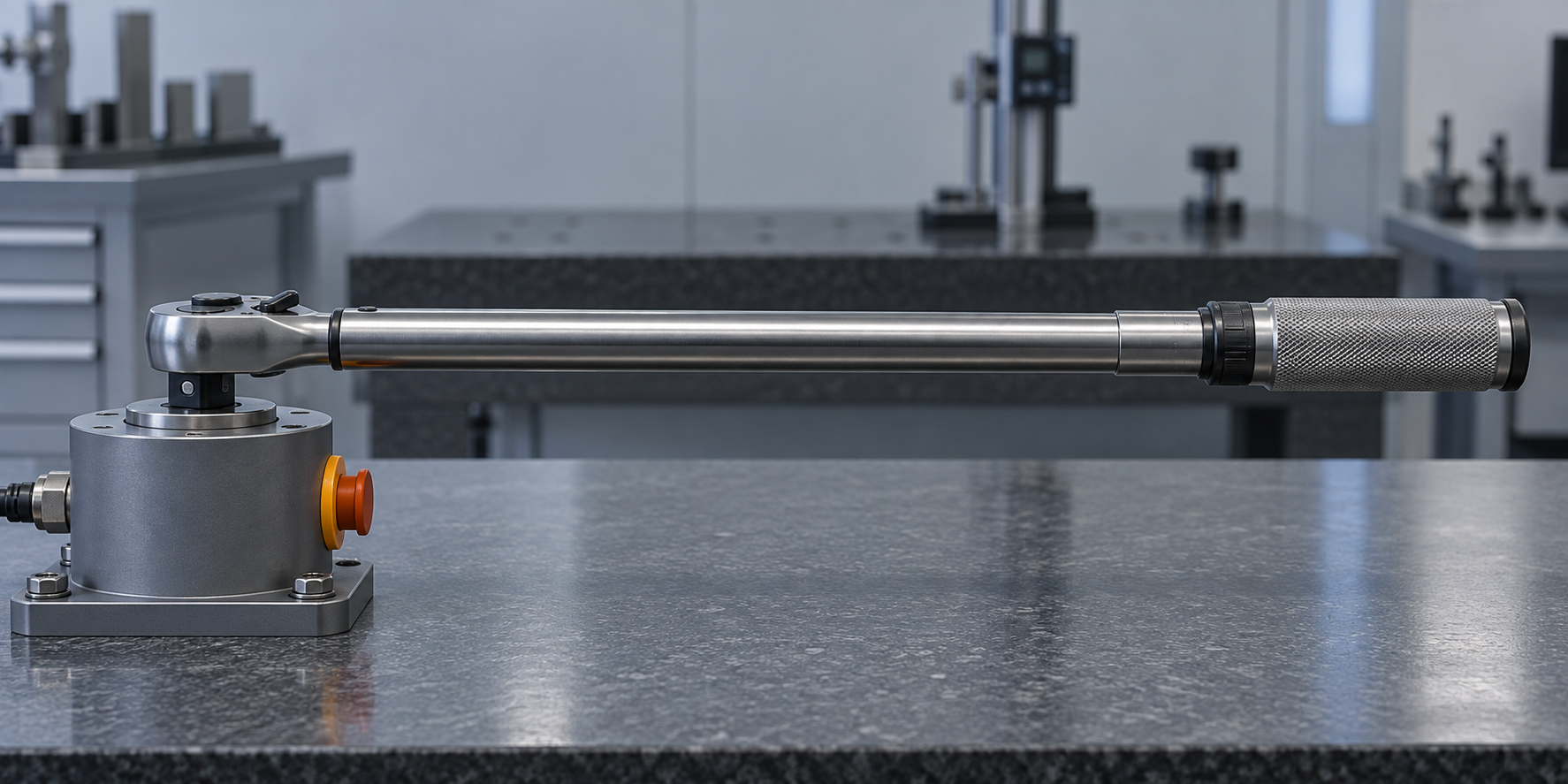 Click-type torque wrench lying flat on a granite calibration bench, its square drive engaged in a torque calibration tester
