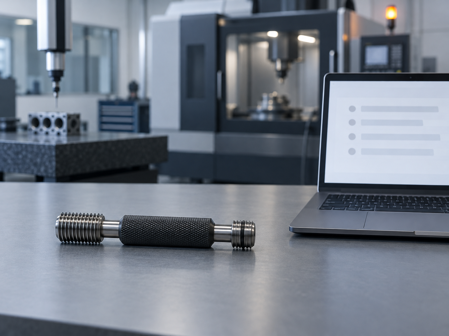 A thread plug gauge with GO and NO-GO ends on a metrology bench beside a laptop showing a sparse, one-row-per-item register