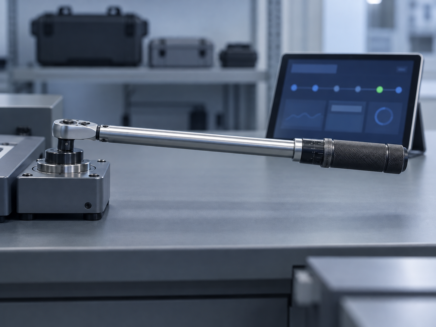 A click torque wrench engaged in a benchtop torque analyser, with a tablet behind it showing an abstract calibration timeline