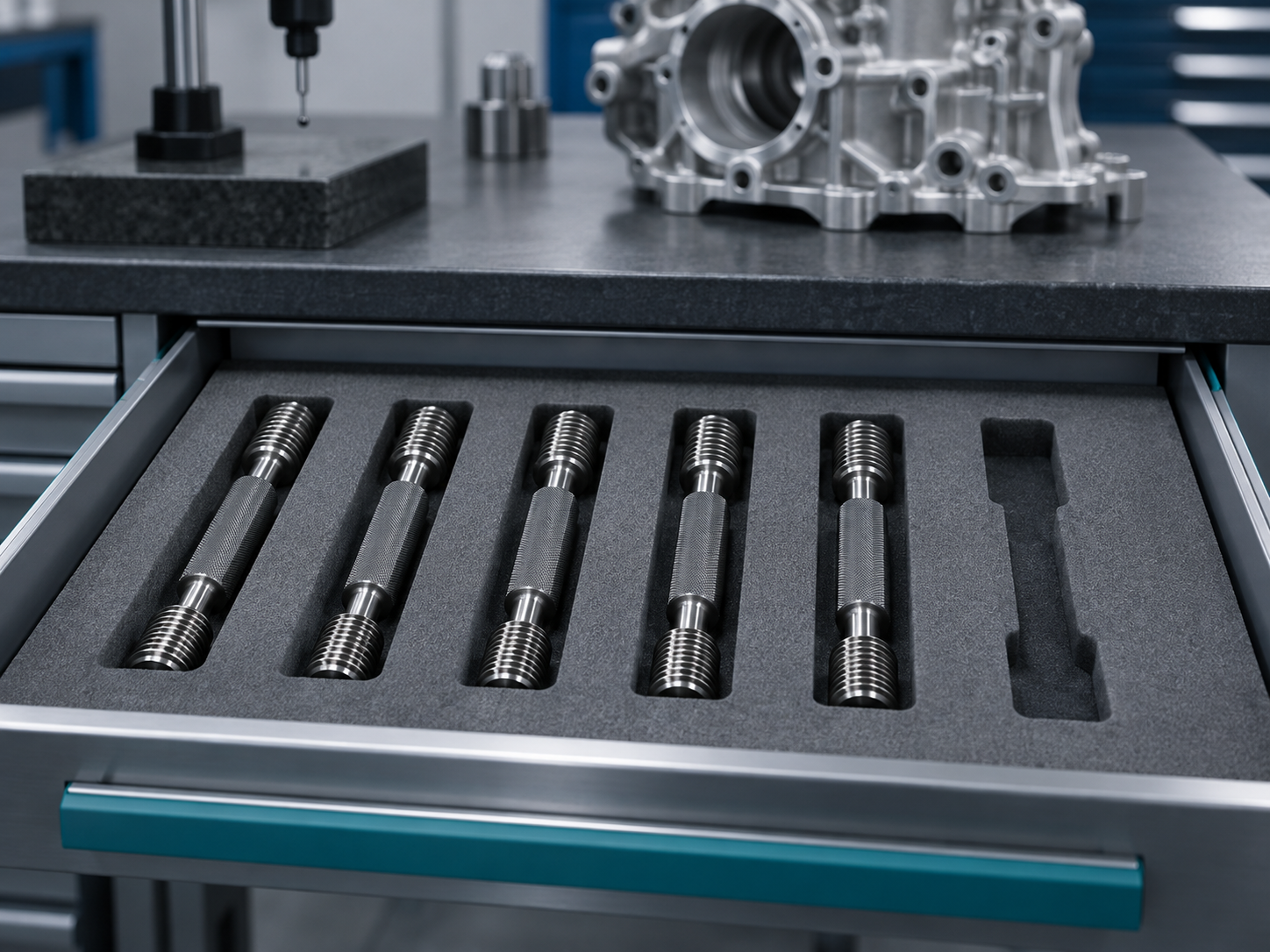 A gauge crib drawer with five identical thread plug gauges in a foam insert and one empty slot