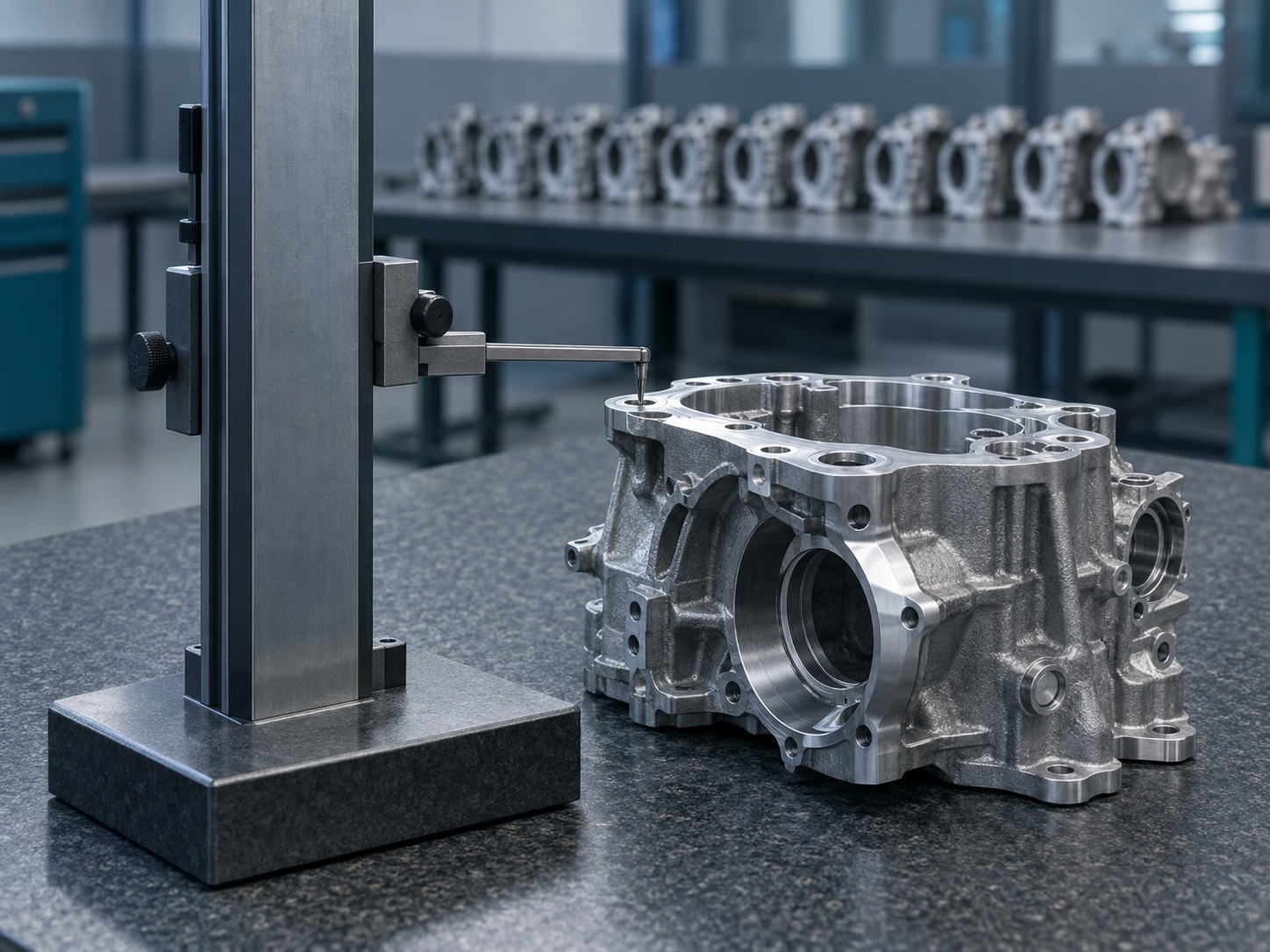 A height gauge on a granite surface plate seen from behind, its scriber touching a machined transmission housing, with study parts waiting in the background